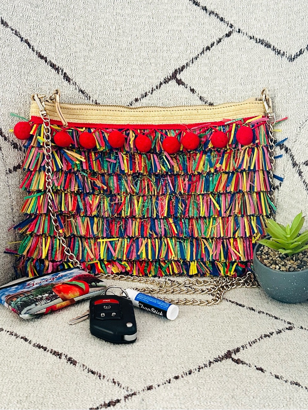 Betsey Johnson Tiki Time Fringe Crossbody Colorful Pom Pom Boho Statement Bag